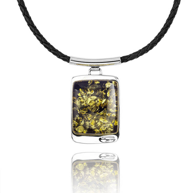 NASZYJNIK SREBRNY Z BURSZTYNEM NA  RZEMIENIU