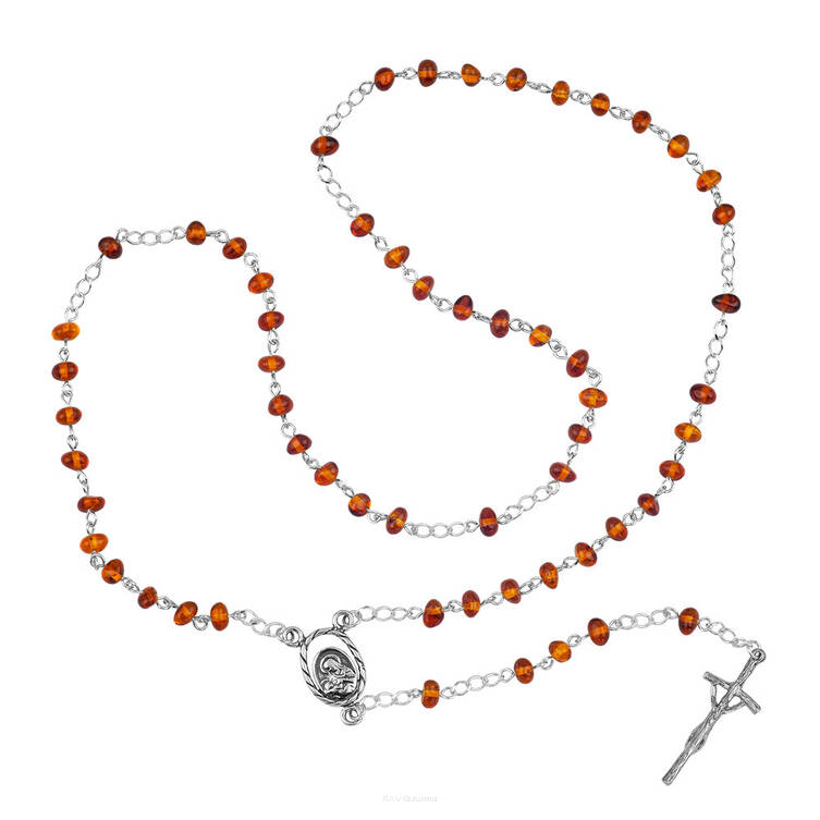 RÓŻANIEC SREBRNO BURSZTYNOWY