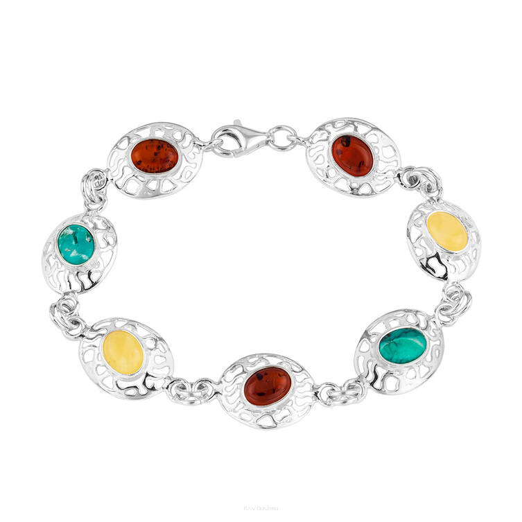 BRANSOLETA SREBRNA Z BURSZTYNEM I TURKUSEM