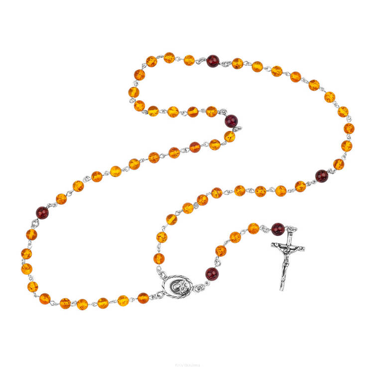 RÓŻANIEC SREBRNO BURSZTYNOWY