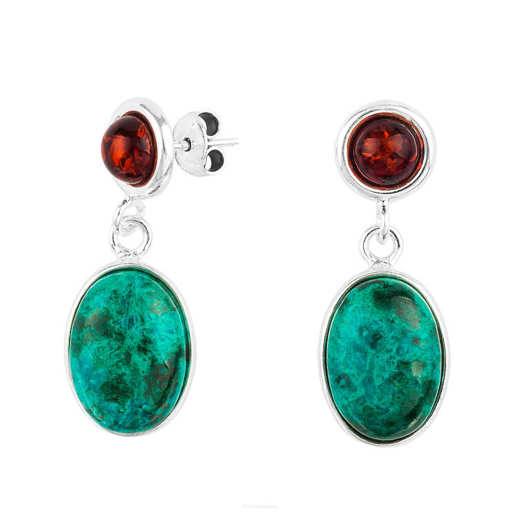 KOLCZYKI SREBRNE 925Ag Z TURKUSEM I BURSZTYNEM