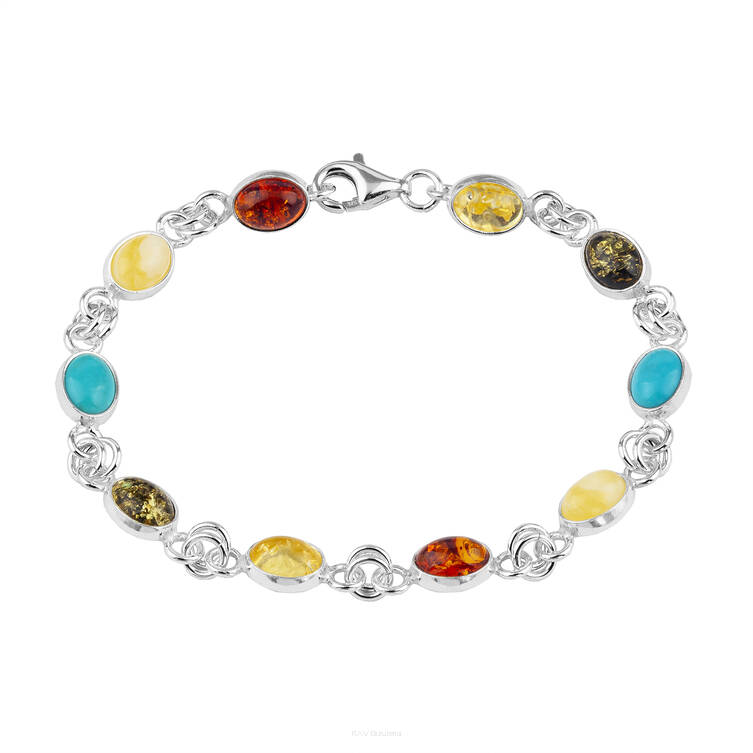 BRANSOLETKA SREBRNA Z BURSZTYNEM I TURKUSEM