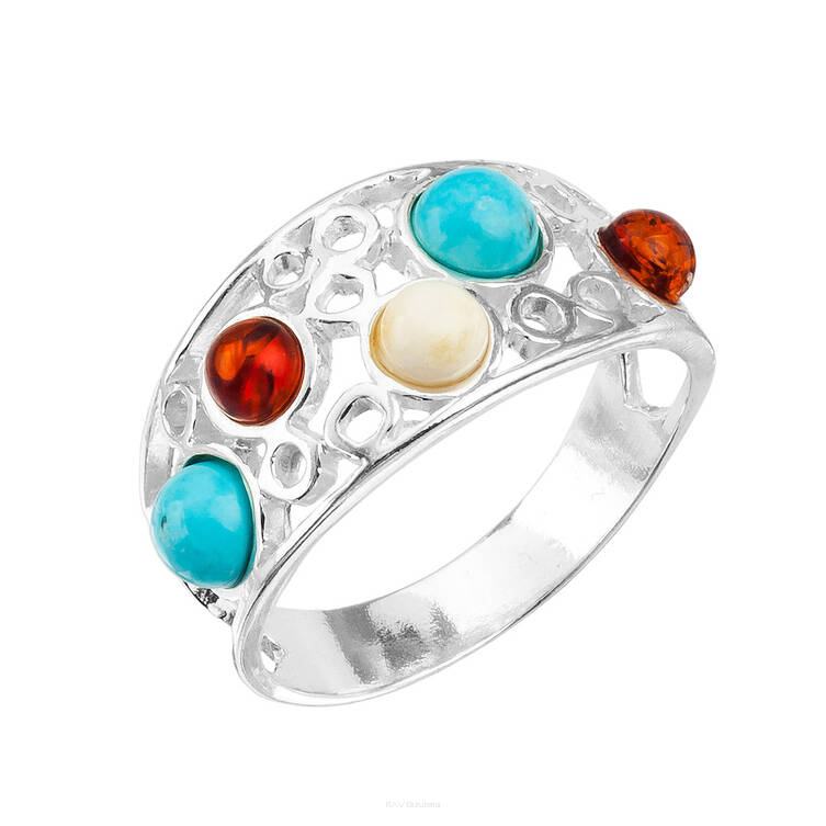 PIERŚCIONEK SREBRO Z BURSZTYNEM  Z TURKUSEM