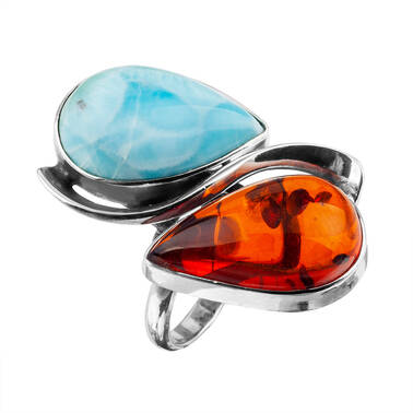 PIERŚCIONEK SREBRNY Z BURSZTYNEM I LARIMAREM