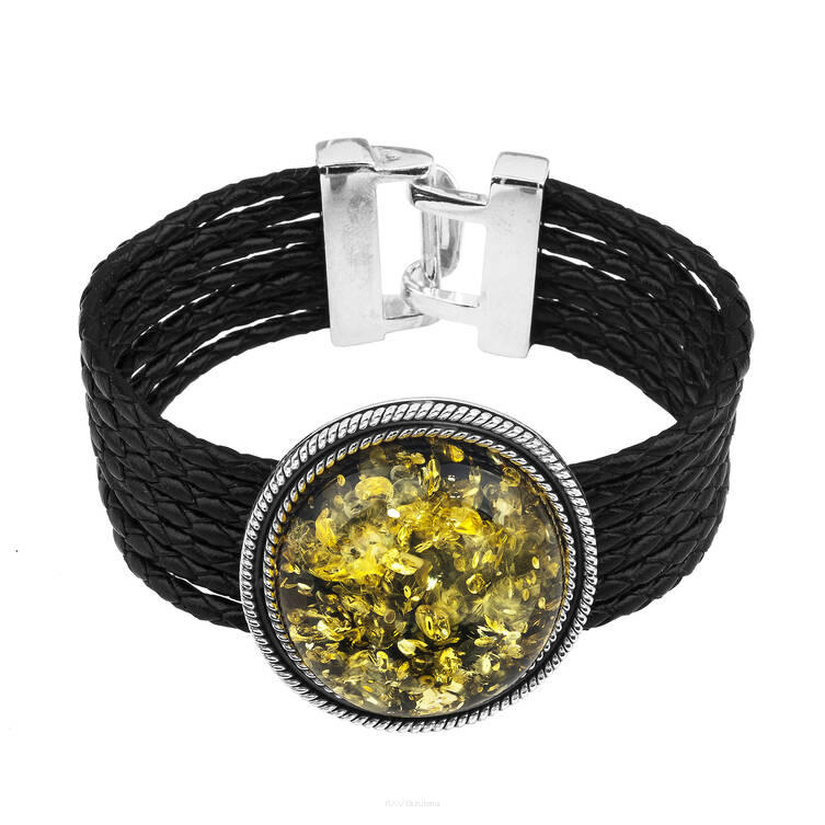 Bransoleta srebrna z bursztynem  na rzemieniu 