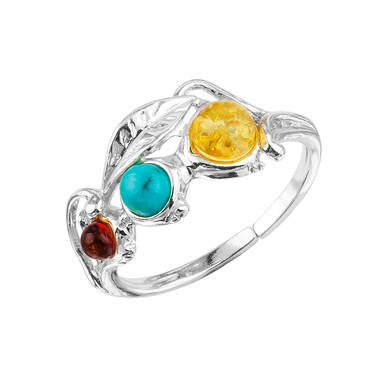 PIERŚCIONEK SREBRO Z BURSZTYNEM  I TURKUSEM