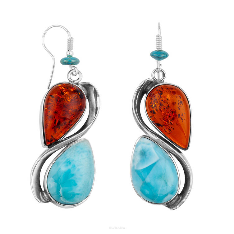 KOLCZYKI SREBRNE Z BURSZTYNEM I LARIMAREM